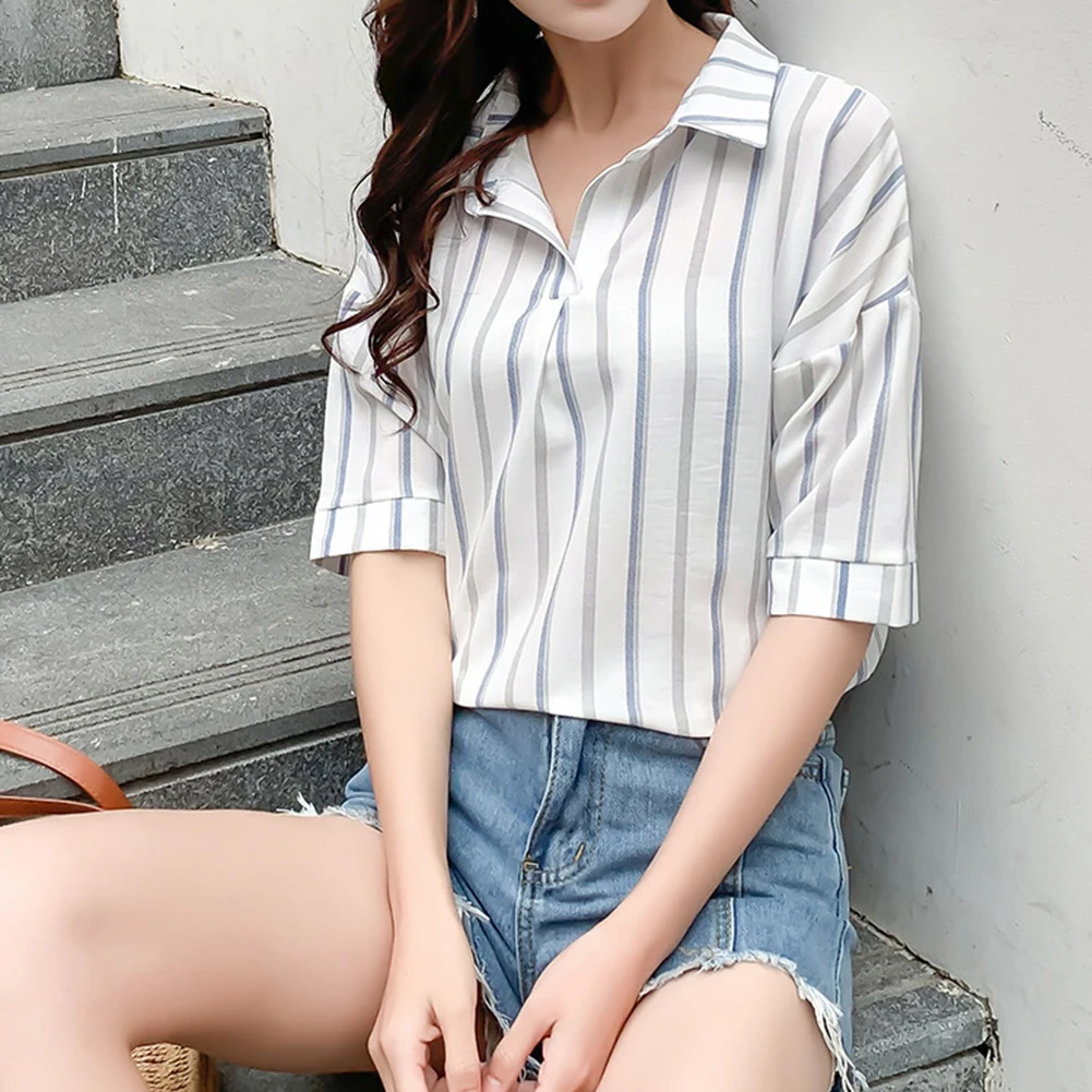 Модная женская рубашка в полоску с коротким рукавом V образным вырезом и отложным