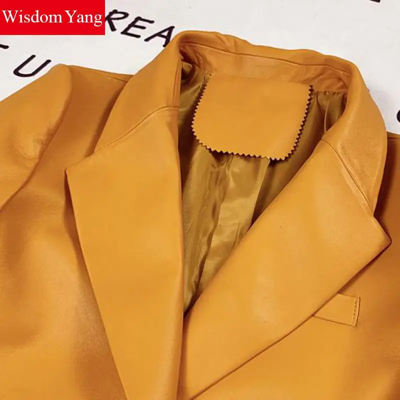 Spring Autumn Real Sheepskin Genuine Leather Suits Coat Yelloe Womens Outerwear Korean Suit Ladies Overcoat Gothic Coats Clothes