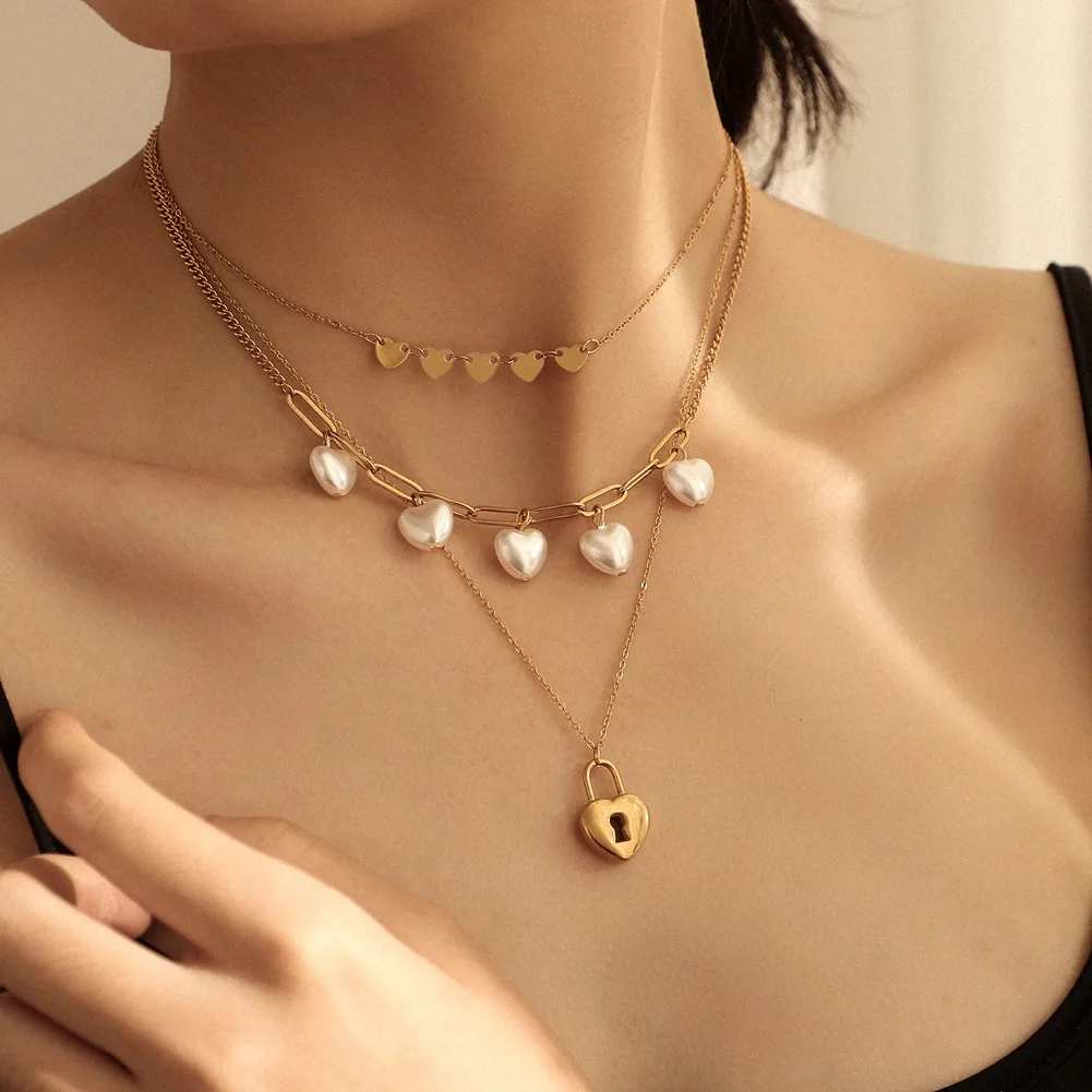 

DIEYURO 316L Stainless Steel French Three-layer Pearl Love Lock Girl Clavicle Necklace Sweet Romantic Multi-layer High-end Gift
