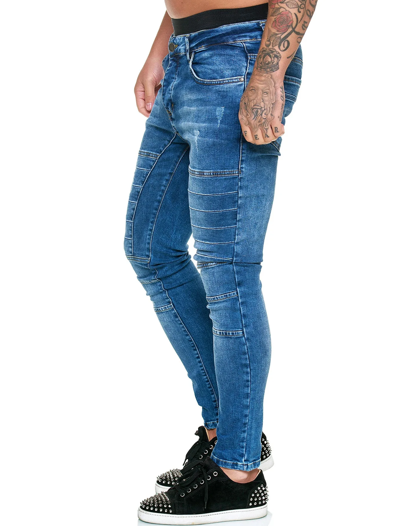 

New motorcycle men's feet pants men's tight jeans black blue denim trousers casual
