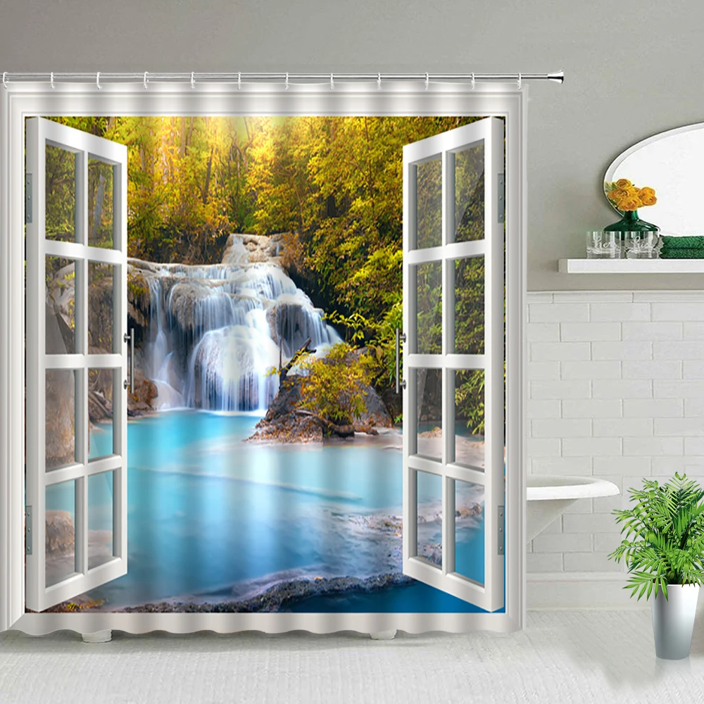 Ландшафтная занавеска для душа пейзаж водопад морской цветок растение декор