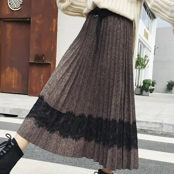 2020 Autumn Winter Vintage Woolen Skirts Women A-line High Waist Pleated Skirt Female Elegant Long Maxi Black Khaki LJ33 | Женская