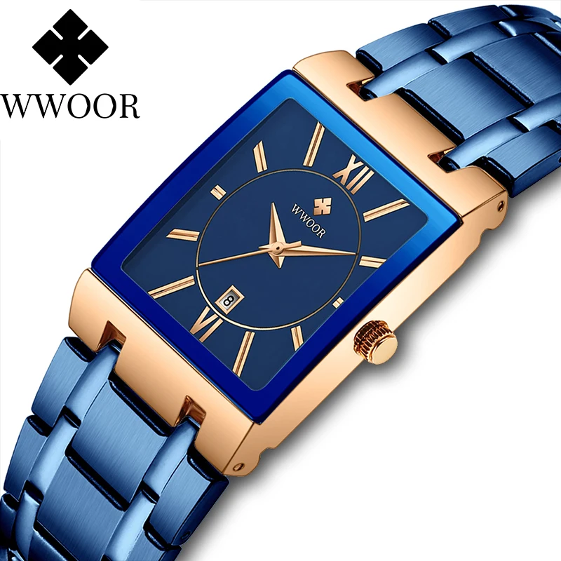 

Men's Watch Top Brand WWOOR Luxury Blue Square Quartz Watch Stainless Steel Casual Calendar Waterproof Watches Relogio Masculino