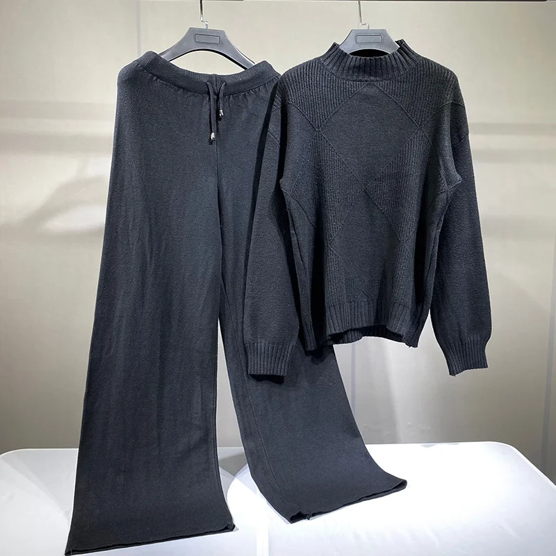 저렴한 2021 여성 Tracksuits 세련 된 2 조각 세트 니트 솔리드 라운지 양복 캐시미어 혼합 풀 오버 스웨터 넓은 다리 바지 두 조각 세트