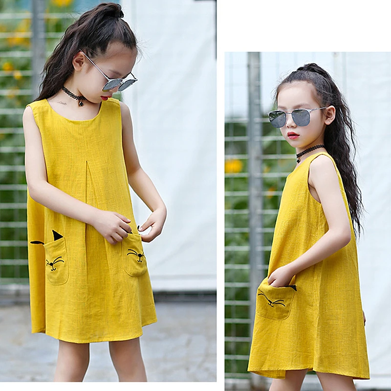 Детское хлопковое платье для девочек летнее синее желтое с мультяшным котом 3-12
