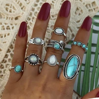 8 pcs bohemian joint knuckle rings set women oval turquoise opal big stone ring teardrop midi rings punk leaf index jewelry