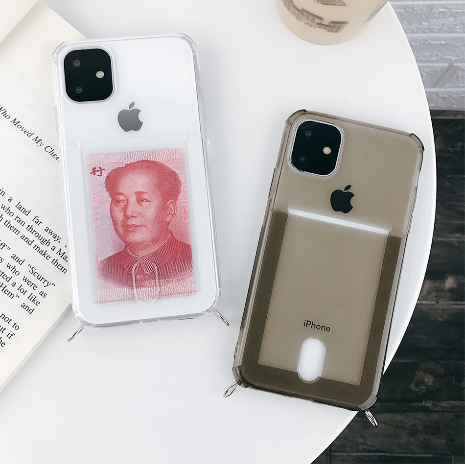 KJOEW подушка безопасности ID держатель для кредитных карт Мягкий ТПУ Прозрачный чехол для телефона на цепочке для iPhone 11 Pro XS MAX X XR 8 7 6 S Plus