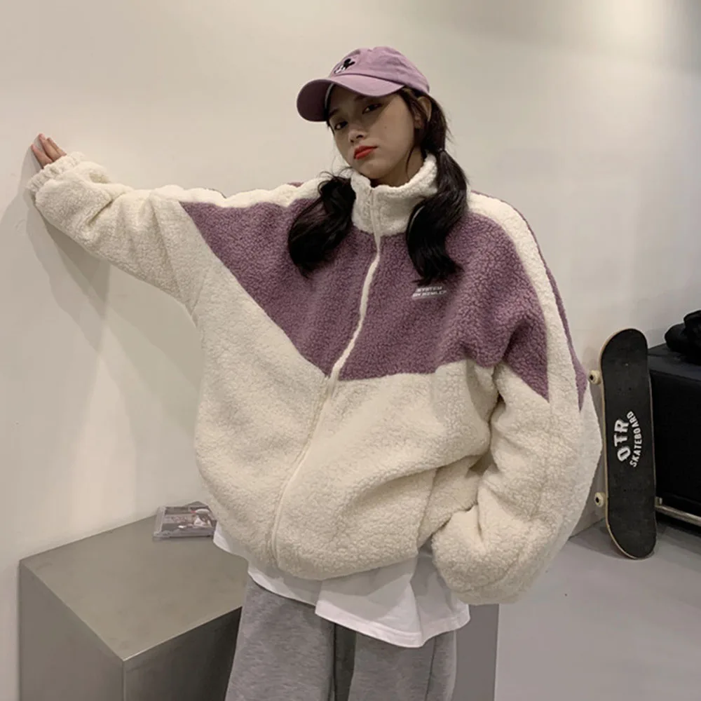 

Chic Winter Warm Color Matching Letter Print High Neck Wool Zipper Pocket Hoodie Women Harajuku Ins Streetwear Jacket Sweatshirt