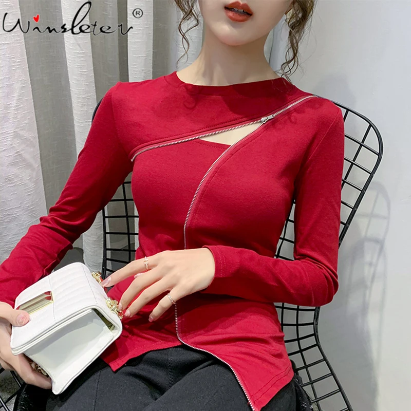 

Футболка женская хлопковая, с длинным рукавом, на молнии, весна-осень, футболки для девочек