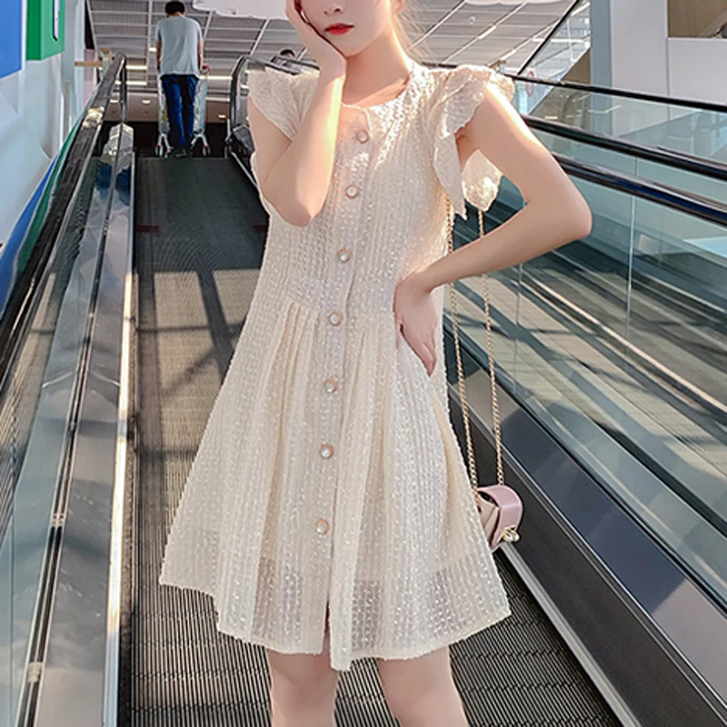 Мини-платье PERHAPS U женское с круглым вырезом элегантное бежевое платье без