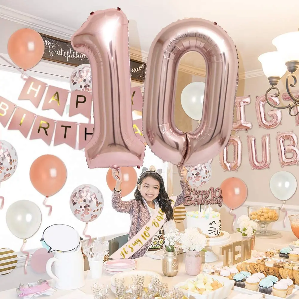Conjunto de bandas y globos para decoraci&oacute;n de fiestas de cumplea&ntilde;os, pancarta para tarta de feliz 10 cumplea&ntilde;os, de doble d&iacute;gitos, oro rosa, para ni&ntilde;a-3