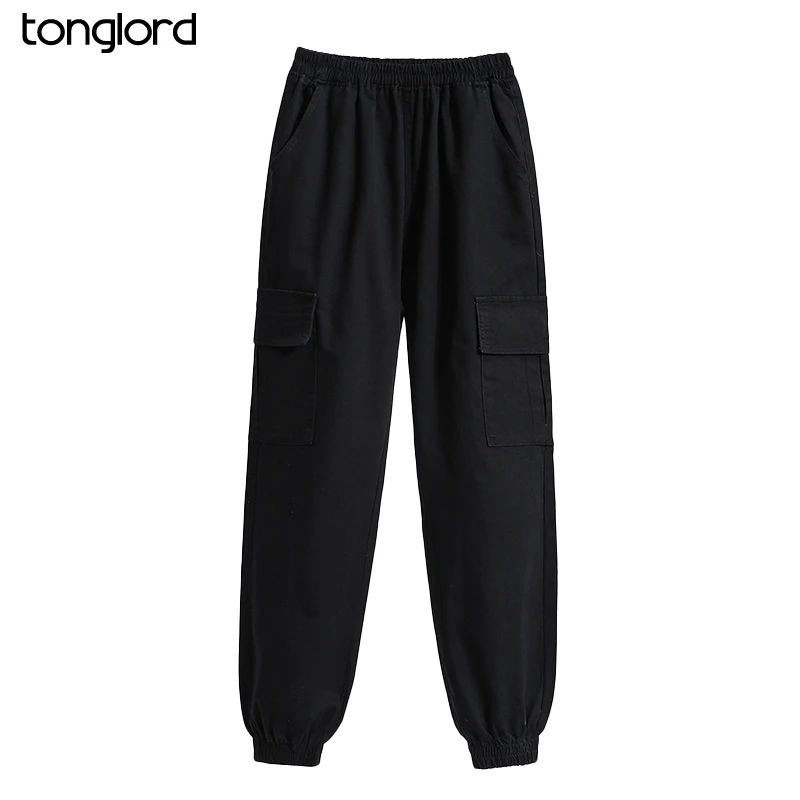 

Tonglord женские штаны карго 2020 осенние женские однотонные свободные брюки до щиколотки с высокой талией и эластичным поясом, Повседневная Ули...