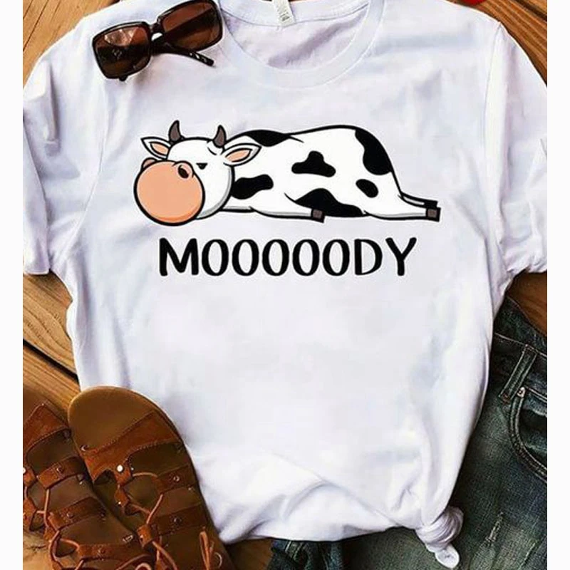 Mooooody Kawaii женская футболка с принтом коровы Camisas Mujer графические футболки размера