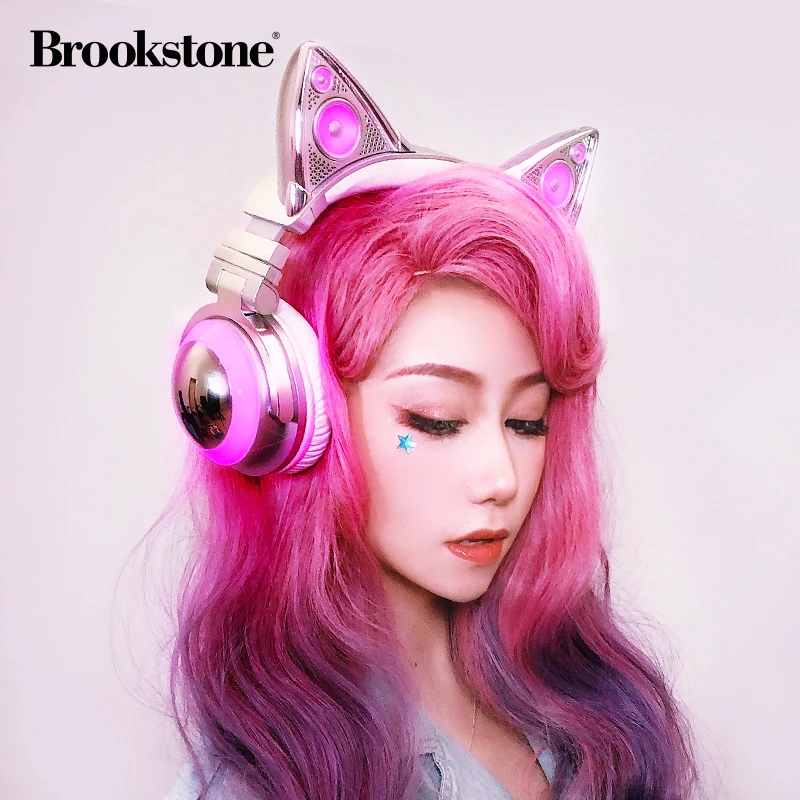 original brookstone cat ears wireless bluetooth headphone ariana grande signature silver rgb luminescence girl game headset free global shipping