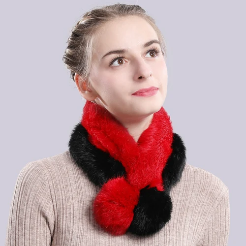 red and black Новинка, натуральный кроличий мех, шарф для женщин, натуральный кроличий мех, кольцо, шарфы, ручная работа, Женский вязаный теплый шарф из натурального кроличьего меха - Цвет: red and black