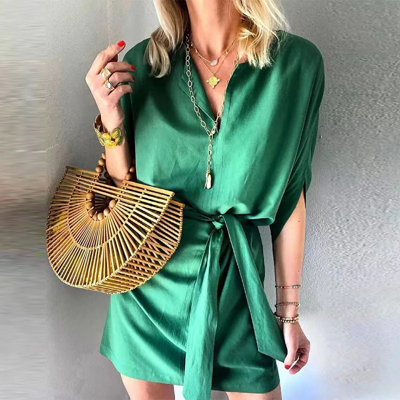 

Elegant Tie-Up Belt Half Sleeve Shirt Dress Women Sexy V Neck Fashion Slim Mini Dress 2021 Office Lady Solid Beach Party Dresses