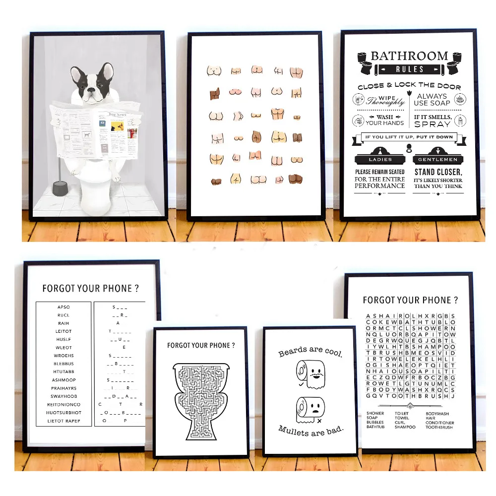 

French Bulldog in Toilet Poster Funny Bathroom Rules Sign Nordic Butt Chart Prints Toilet Humour Pictures Bathroom Home Decor