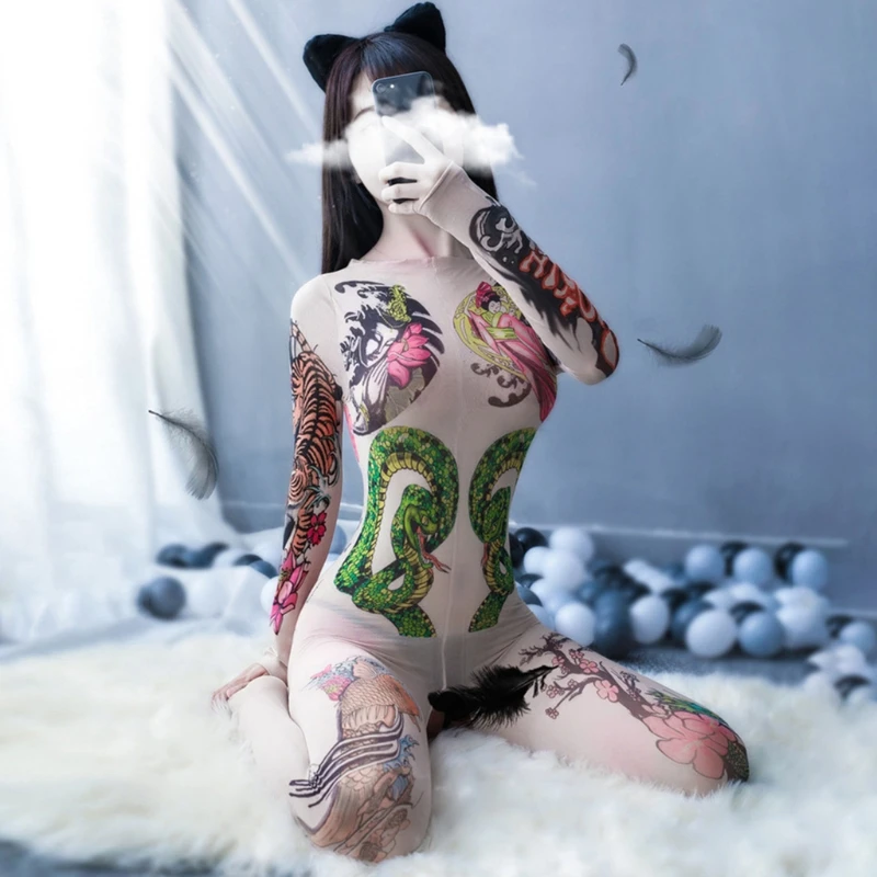 Для женщин Эротические с длинным рукавом полупрозрачная сеточку полный тату