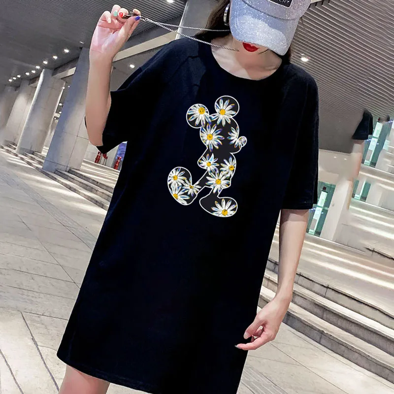 Женская футболка мини с коротким рукавом и принтом Микки|Женские платья| |