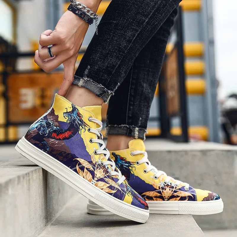 New Men's Sneakers Shoes High top Fashion Cartoon Printed Men Casual Hip-hop Graffiti Mens Trainers zapatillas hombre 2020 |