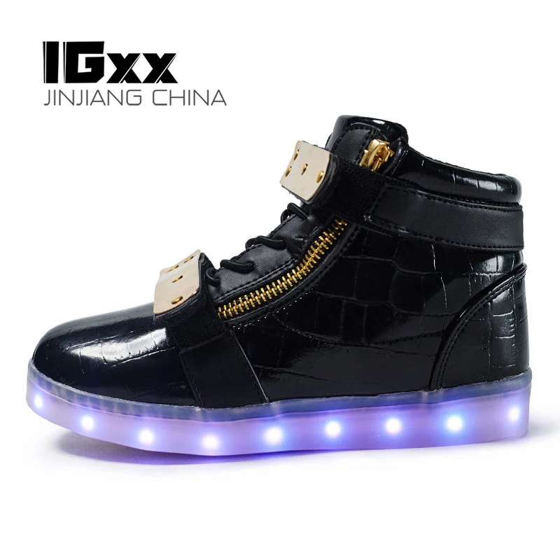 

IGxx High Top LED Light Up Shoes For Kids Zip HooK&Loop Metal USB Charging Glowing Shoes LED Child Luminous LED Sneakers Boys