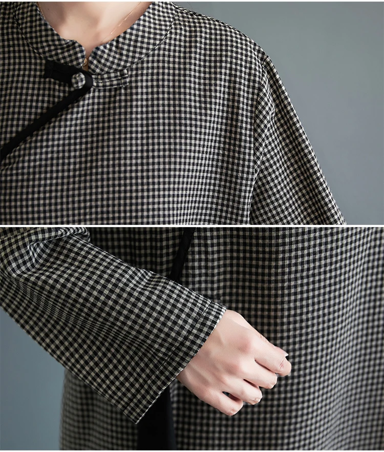 

Vintage Ethnic Literature Women's Spring Plaid Loose Cotton Linen Robe Cheongsam A-Line Dress Vestidos
