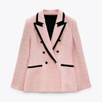 2021 za women autumn new fashion double breasted texture blazer coat vintage long sleeve pockets female outerwear chic