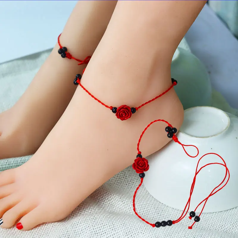 

Simple Rose Flower Anklet Fashionable Hand-knitted Red Cord Can Be Adjusted Women Jewelry National Style Anklet Girl Gift