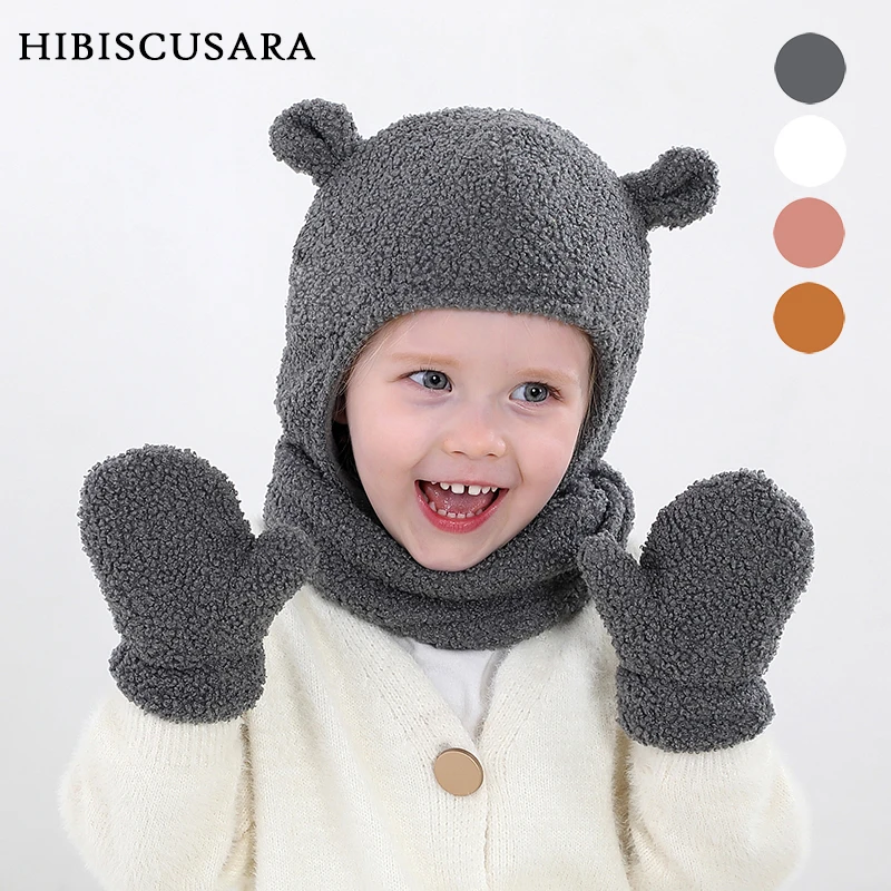 Polar Fleece Toddler Kids Winter Warm Sets Hat Gloves Scarf 3pcs/Set Cashmere Boys Girls Bear Ears Hats Earflaps Scarves Mittens