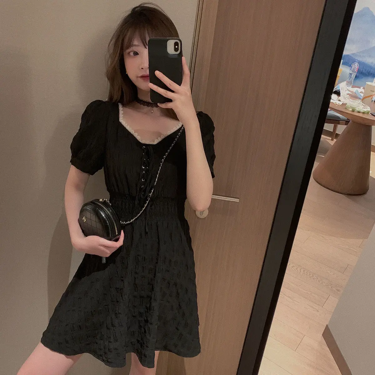 

Vintage Chic Mini Dress Women 2021 Summer French Elegant Square Collar Casual Lace Midi Puff Sleeve One-piece Dress Korean
