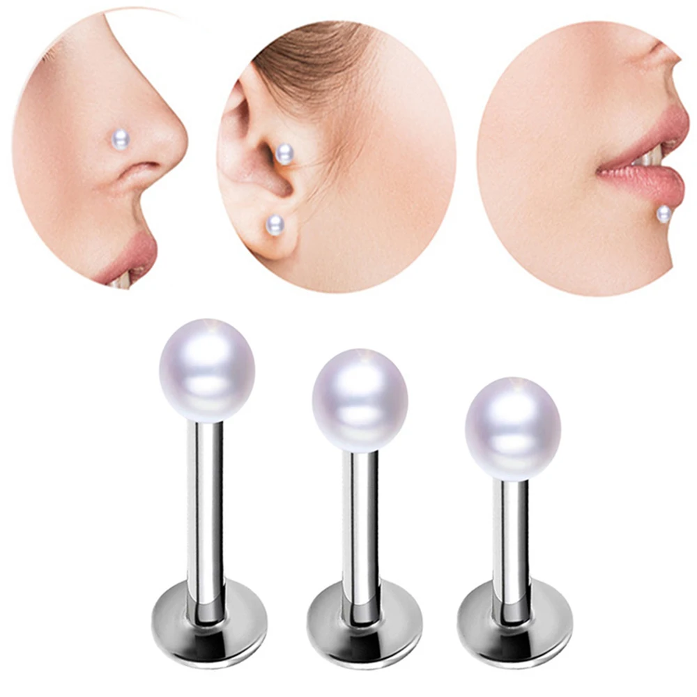 Серьги гвоздики для пирсинга носа с искусственным жемчугом круглые украшения