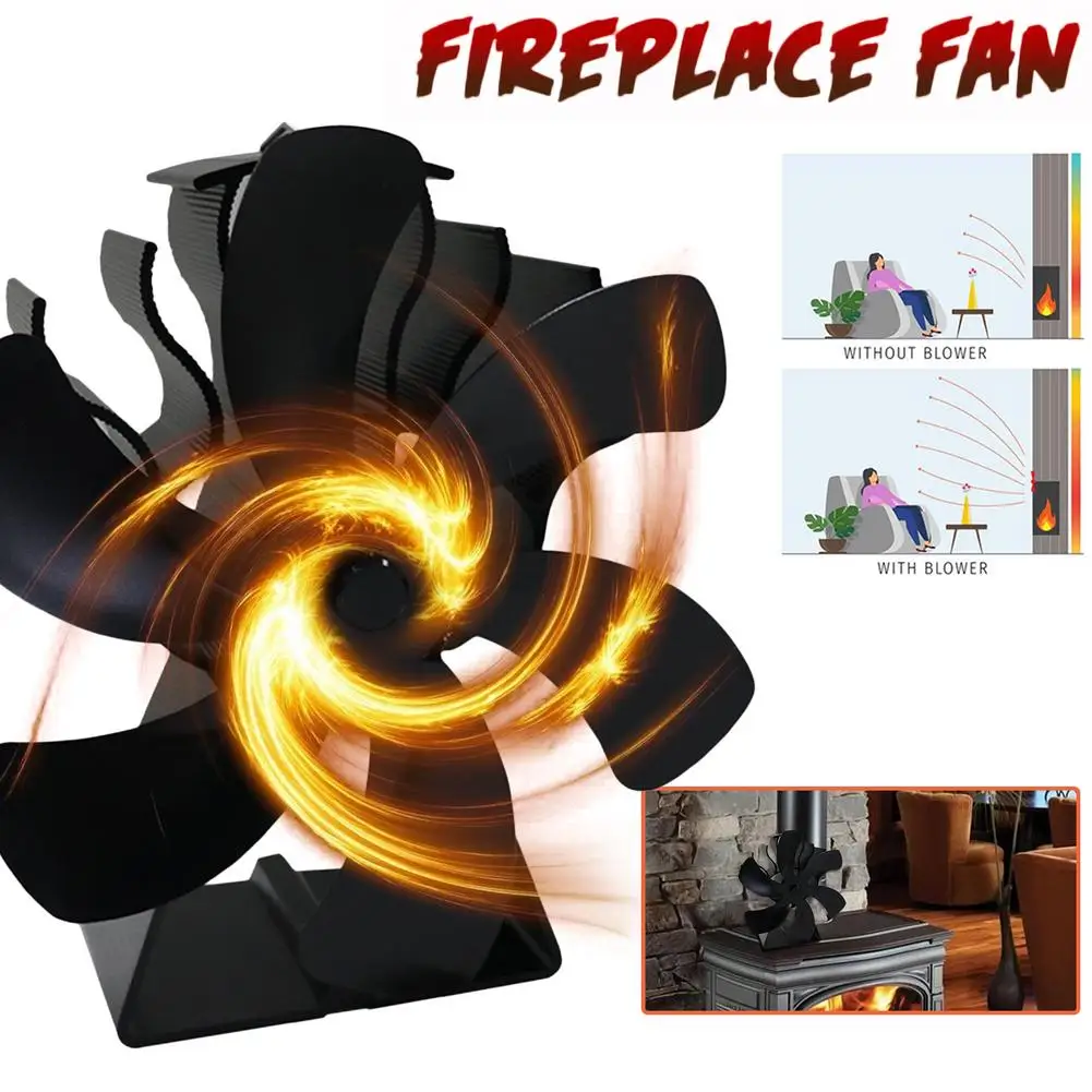 

New Black Fireplace 6 Blades Heat Powered Stove Fan Log Wood Burner Ecofan Quiet Home Fireplace Fan Efficient Heat Distribution