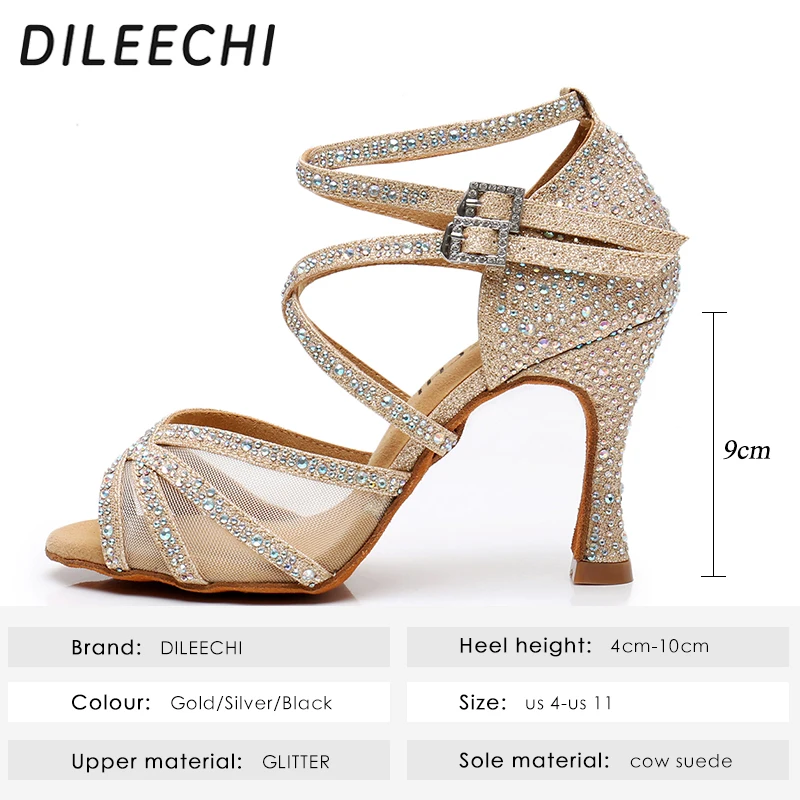 Туфли DILEECHI женские для латинских танцев мягкая обувь золотые блестящие стразы в