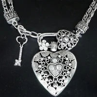 retro rhinestone alloy heart lock double chain necklace n1005