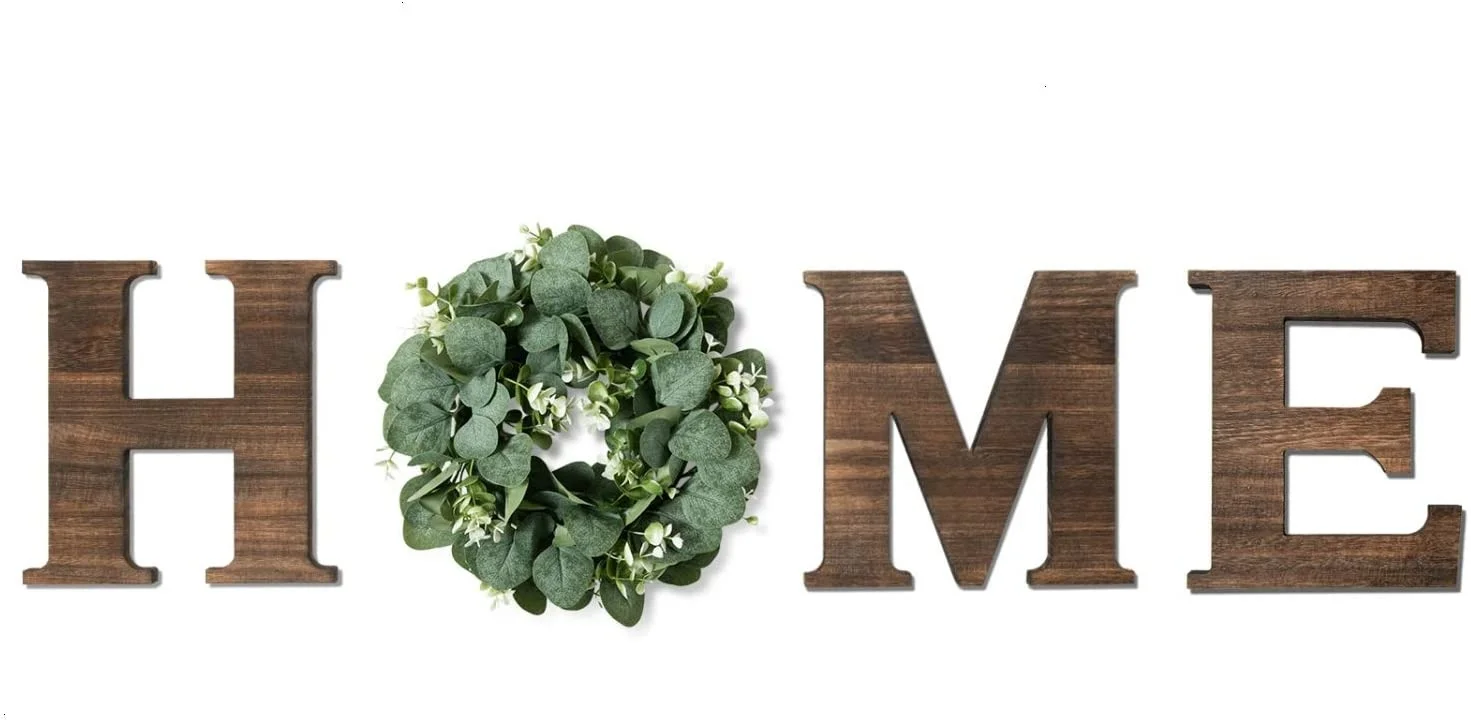 

Wall Hanging Wood Home Sign With Artificial Eucalyptus Rustic Wooden Home Hanging Letters Decorative Living Room Wall Decor