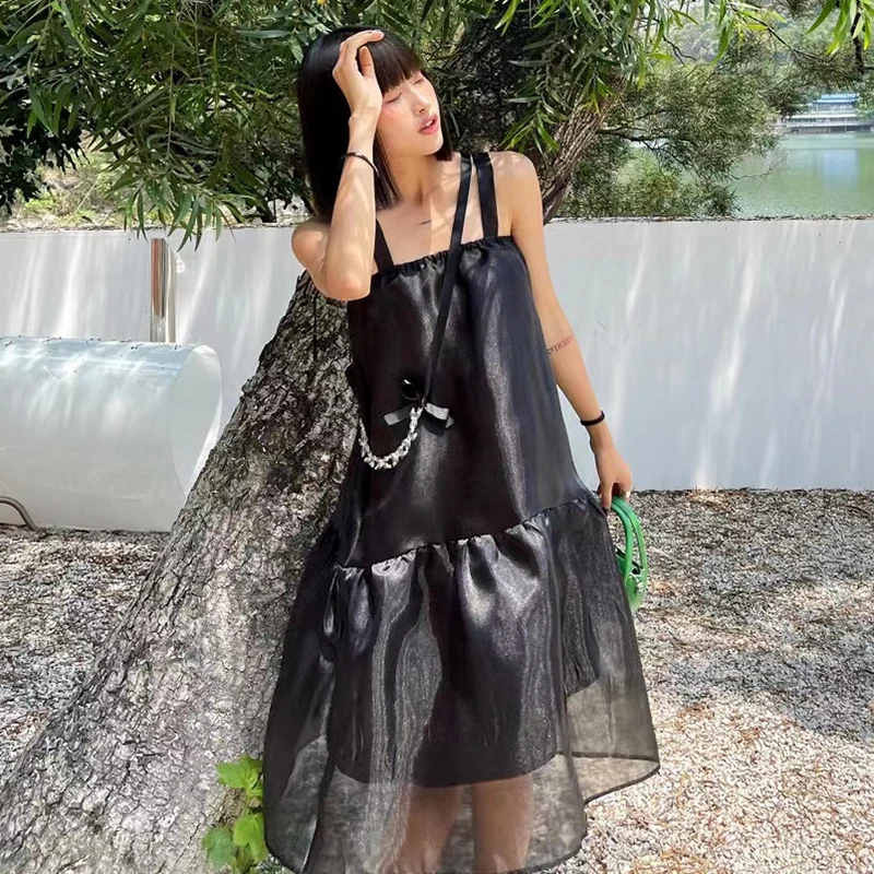 

GALCAUR Patchwork Solid Dress For Women Square Collar Sleeveless Mid Loose Ruched Dresses Female Fashion Clothes 2021 Summer New