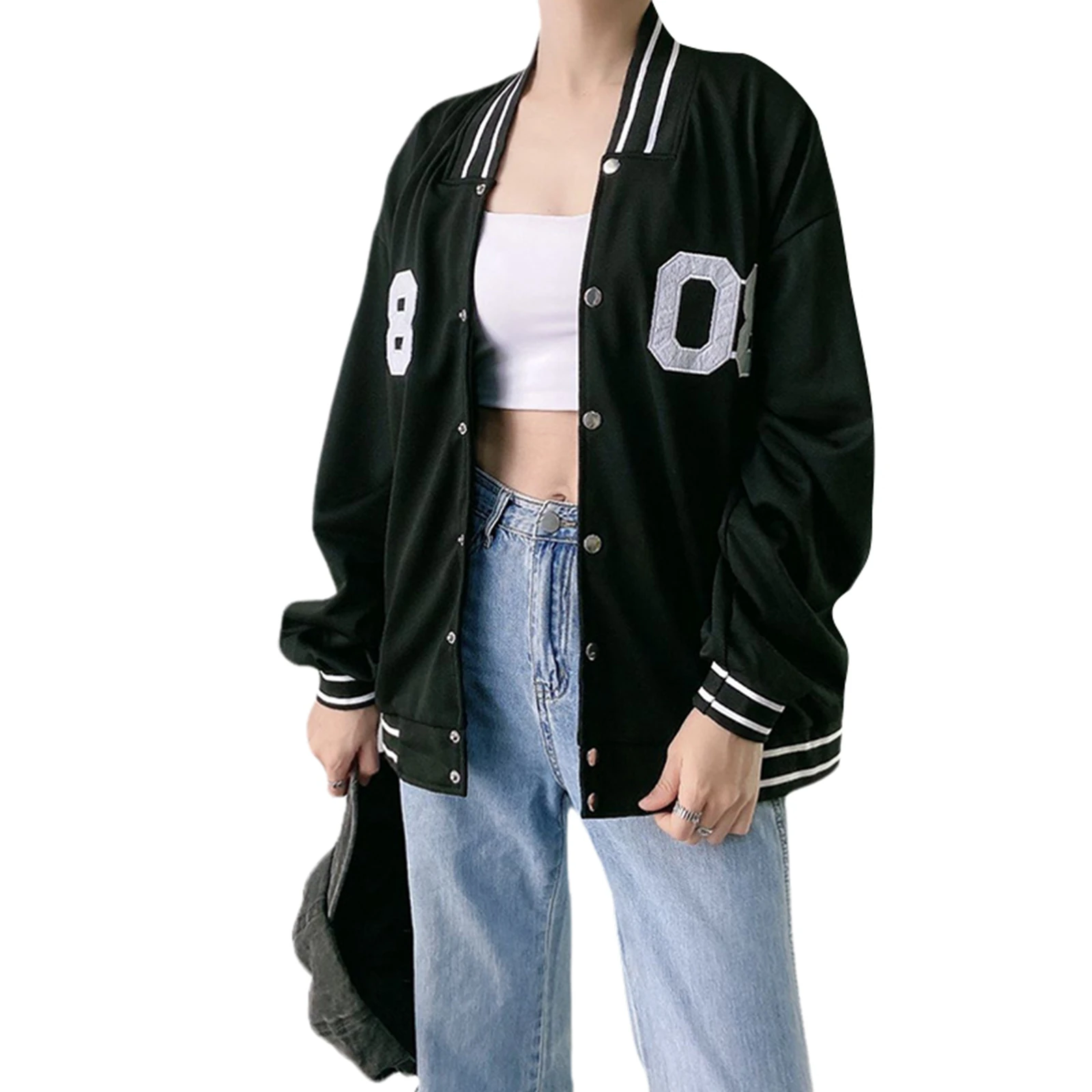 

Women Oversized Baseball Jackets Number Letter Embroidery Long Sleeve Bomber Jackets Spring And Autumn 2021 New