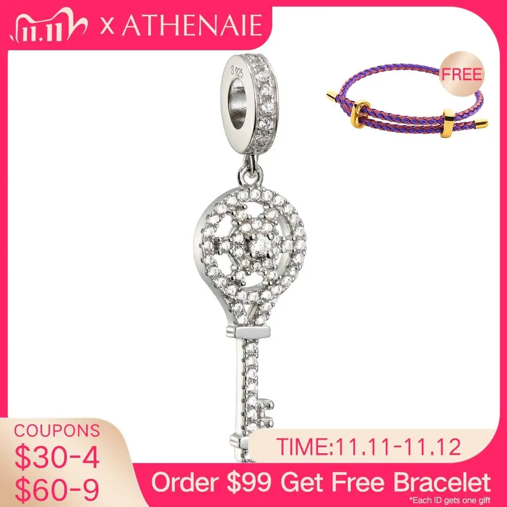 

ATHENAIE 925 Silver with Pave Clear CZ Heart Key Pendant Drops Charms Fit All European Bracelets Color White DIY Jewelry Making