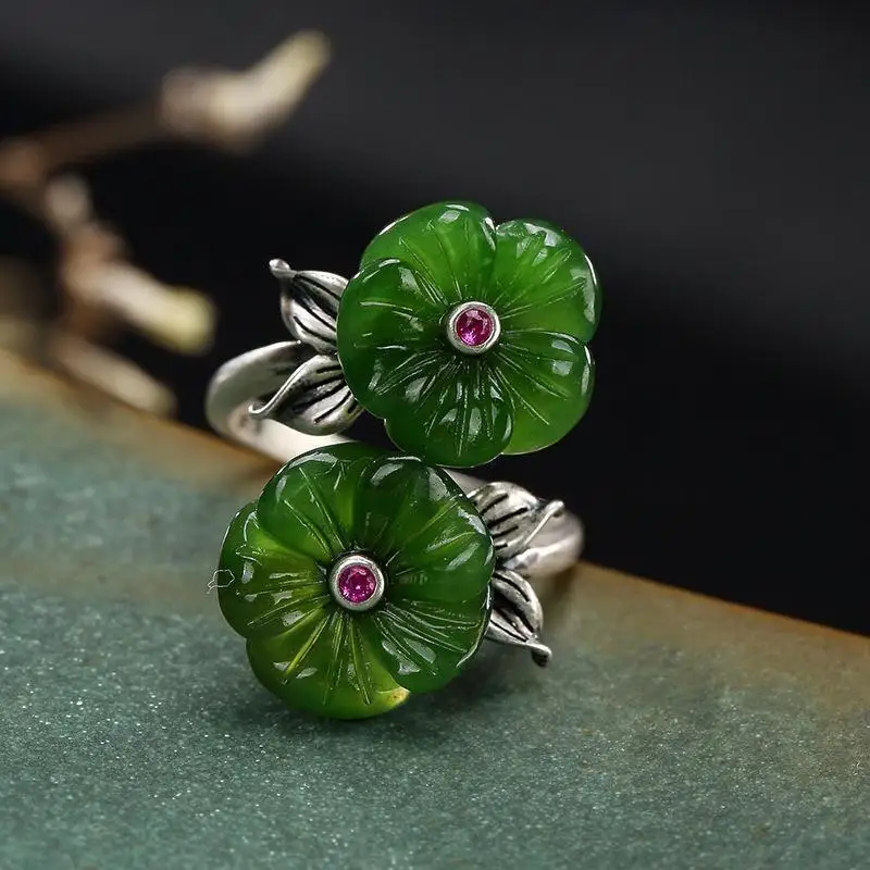 

Natural Hetian Jade Green Jade Double-Headed Plum Blossom Ring S925 Silver Vintage Women's Open Index Finger Ring Gifts for Moms