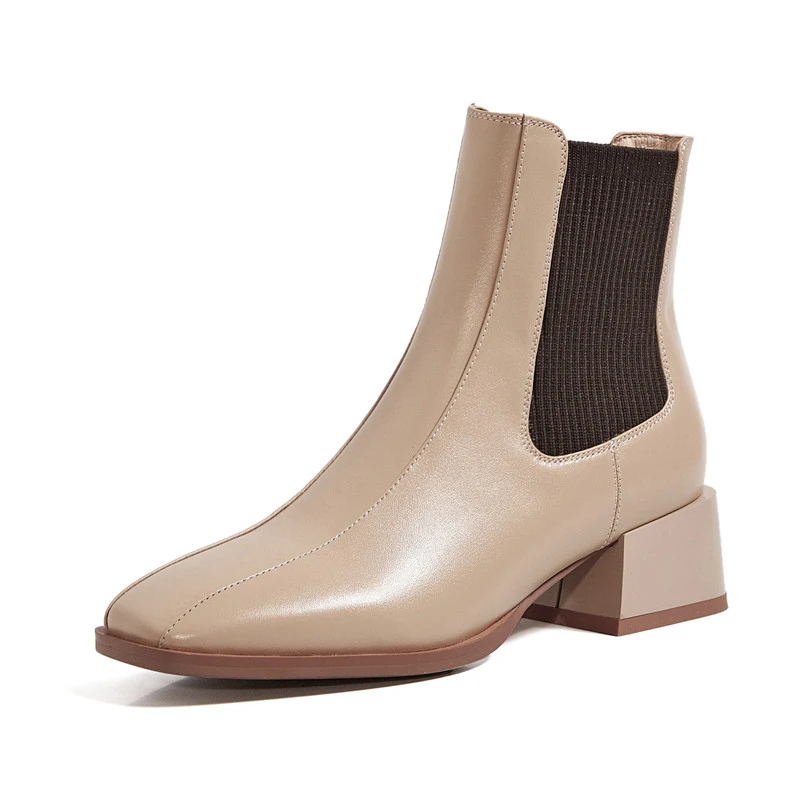 

FOREADA Med Heel Chelsea Boots Woman Real Leather Ankle Boots Square Toe Short Boots Chunky Heel Female Shoes Autumn Winter 40