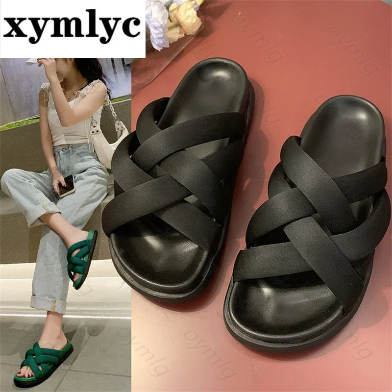 

Повседневные сандалии и тапочки на толстой подошве с перекрестными ремешками женская верхняя одежда 2021 летняя удобная Пляжная обувь с откр...