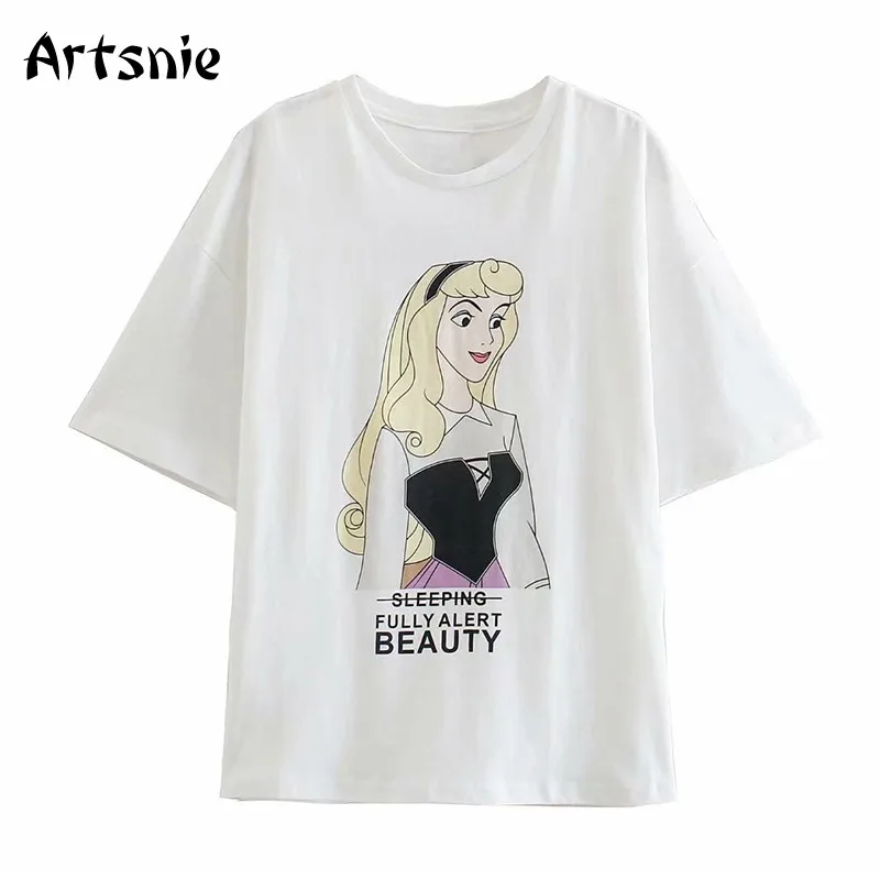 

Artsnie Alice Cartoon Disney T Shirt Women Summer 2021 O Neck Short Sleeve Tops Streetwear White Knitted Ladies T-shirts Femme
