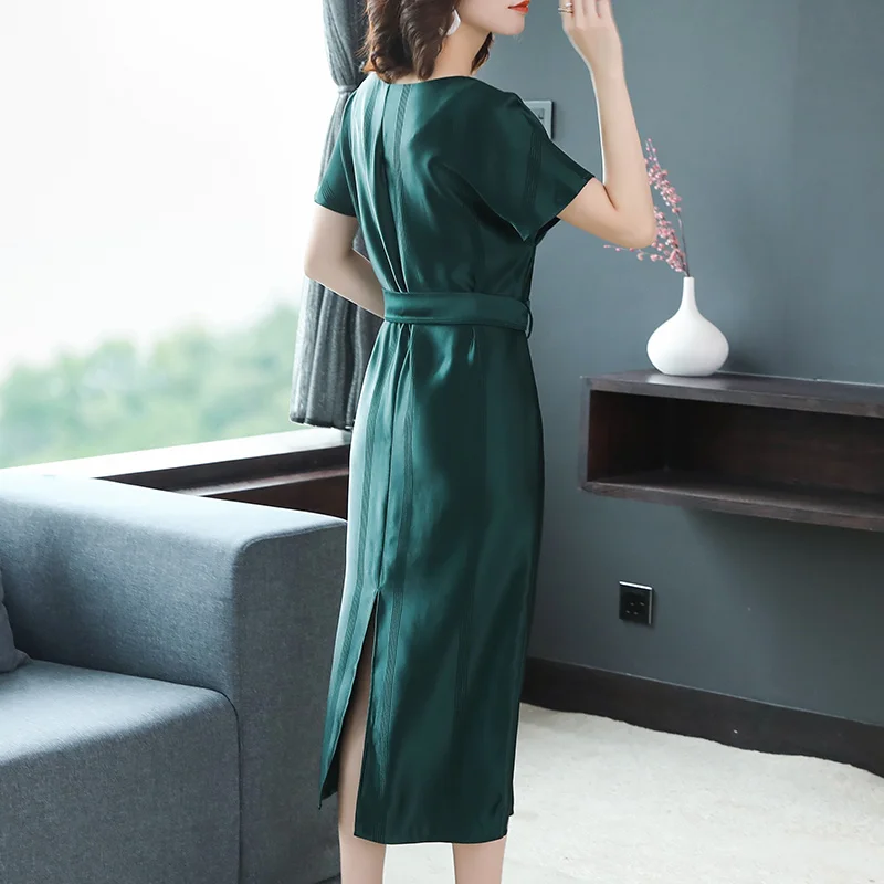 

Korean version of the green dress 2020 ladies loose short-sleeved sleeves V-neck A line sexy party dress Vestidos de fiesta