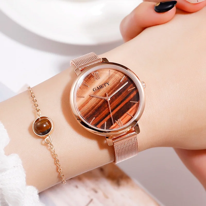 Brown Bracelet Set Производства марки gaiety люксовый цвета розового золота браслет часы представительского класса для Для женщин модные малахитовый зеленый циферблат сетки Сталь ремешок для девочек часы - Цвет: Brown Bracelet Set