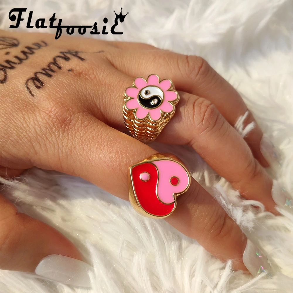 

Flatfoosie Trendy New Love Heart Yin Yang Rings For Women Gold Silver Color Enamel Flowers Smiley Face Rings Couple Jewelry Gift