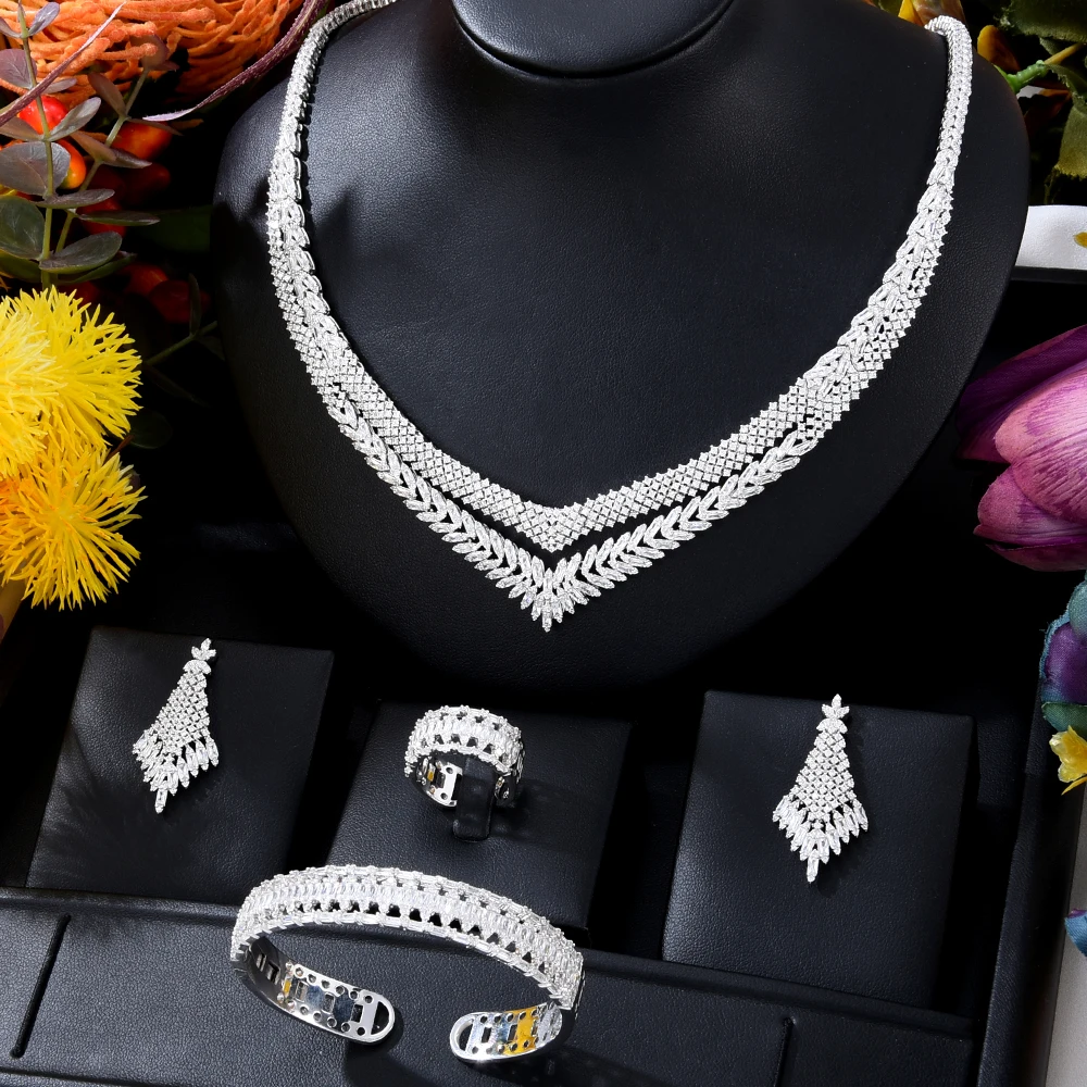 

Luxury Jewelry Set For Women Wedding 2 Layers Lariat Drop Necklace Earring Set Full Cubic Zircon Dubai Bridal jewelry Set 2022