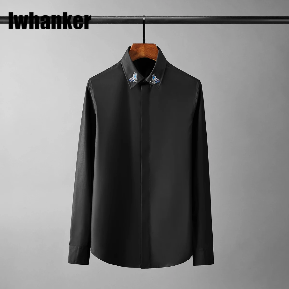 

Butterfly Embroidery Collar Male Shirts High Quality Long Sleeve Black White Casual Mens Dress Shirts Slim Fit Man Shirts