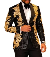 mens golden applique 2 pieces mens suit shiny sequins blazer tuxedos for wedding groomsmenblazerpants