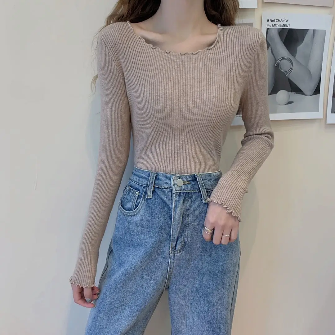

Low-Necked Underwear Blouse Women Slim Fit Inner Wear Sweater Autumn and Winter Wild Candy-Colored Half Sleeve Ruffled Knitted