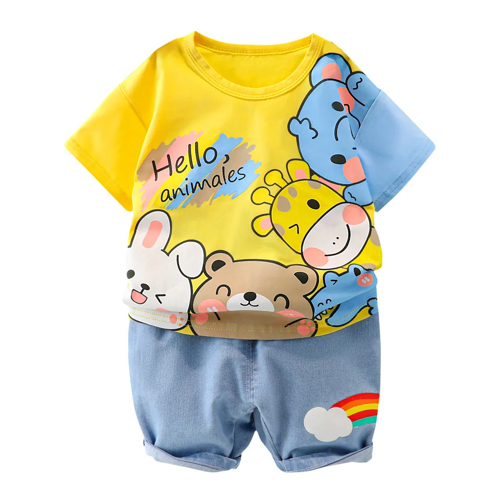 

Baby Boy Summer Clothes Kids Suit Toddler Sleeve Cartoon T-Shirt+Denim Shorts Two Piece Baby Tracksuit Korean Casual Newborn Set